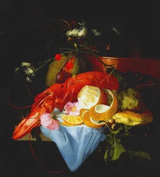 Natura morta con aragosta, limone e uva